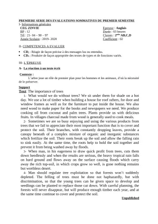 Première page de PCT 2nde C, 2nde D — 1re évaluation sommative, 1er semestre (2019-2020) · CEG Zinvié
