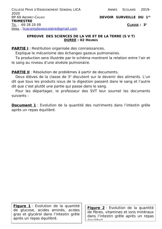 Première page de SVT 3e, 3e ML — Devoir surveillé, 1er trimestre (2019-2020) · CPEG LICA