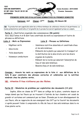Première page de SVT 5e — 1re évaluation sommative, 1er semestre (2019-2020) · CEG Dantokpa