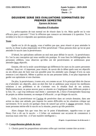 Première page de Français 3e, 3e ML — 2e évaluation sommative, 1er semestre (2019-2020) · CEG Ahossougbéta