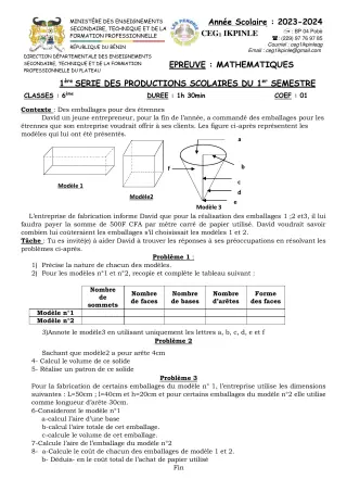 Première page de Mathématiques 6e — 1re production scolaire, 1er semestre (2023-2024) · CEG1 Ikpinlè
