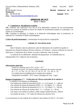 Première page de PCT Tle C, Tle D — Devoir surveillé, 1er trimestre (2020-2021) · CPEG LICA