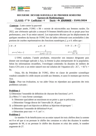 Première page de Mathématiques 1ère D — 2e devoir surveillé, 1er semestre (2023-2024) · CEG SEKERE