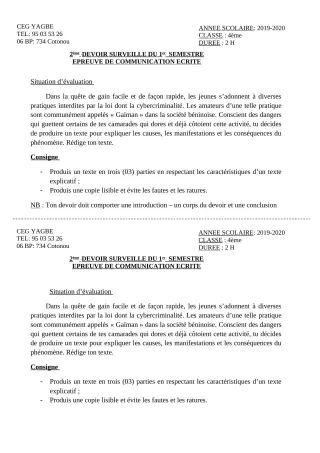 Première page de Français 4e, 4e ML — 2e devoir surveillé, 1er semestre (2019-2020) · CEG Yagbe
