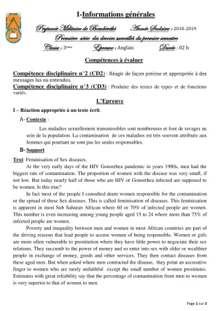 Première page de Anglais 3e — 1er devoir surveillé, 1er semestre (2018-2019) · PMB