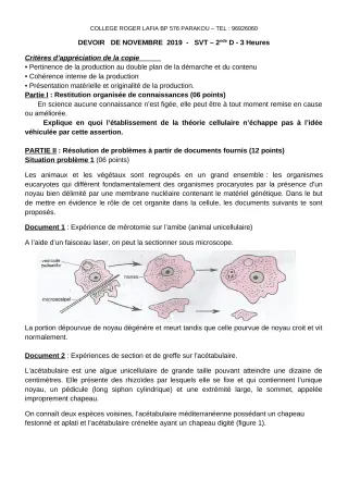 Première page de SVT 2nde D — Devoir surveillé (2019-2020) · CPEG Roger LAFIA