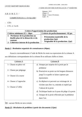 Première page de SVT 6e — 2e devoir surveillé, 1er semestre (2018-2019) · Lycée Houegbadja d'Abomey (Ex Mafory Bangoura)