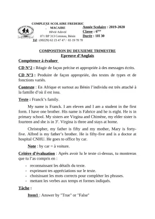 Première page de Anglais 6e, 5e, 4e, 4e ML — Composition, 2e trimestre (2019-2020) · CPEG Frédéric Macaire