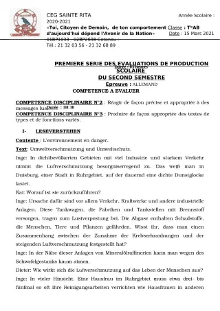 Première page de Allemand 4e ML, 2nde A2, 2nde B, 1ère A2, 1ère B, Tle A2, Tle B — 1re évaluation sommative, 2e semestre (2020-2021) · CEG Sainte Rita