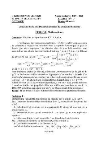 Première page de Mathématiques 1ère D — 2e devoir surveillé, 2e semestre (2019-2020) · CEG Kouhounou-Vêdoko
