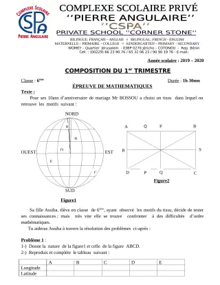 Première page de Mathématiques 6e — Composition, 1er trimestre (2019-2020) · CPEG PIERRE ANGULAIRE