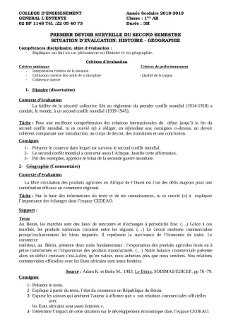 Première page de Histoire-Géographie 1ère A2, 1ère B — 1er devoir surveillé, 2e semestre (2018-2019) · CEG L'Entente