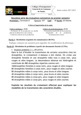 Première page de SVT Tle D — 2e évaluation sommative, 1er semestre (2017-2018) · CEG C.P de Dompago