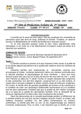 Première page de Français 2nde A & B, 2nde D — 1re production scolaire, 2e semestre (2023-2024) · CEG GOHO