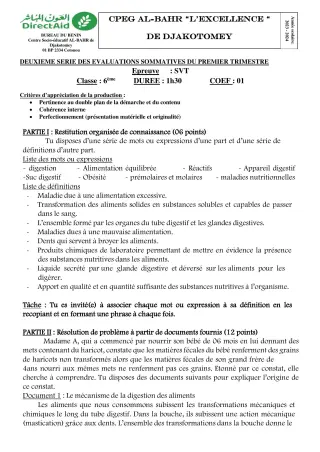 Première page de SVT 6e, 5e — 2e évaluation sommative, 1er trimestre (2023-2024) · CPEG L'EXCELLENCE