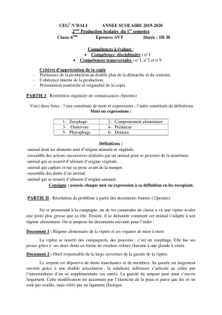 Première page de SVT 6e, 5e, 4e, 4e ML, 3e, 3e ML — 2e production scolaire, 1er semestre (2019-2020) · CEG 2 N'DALI