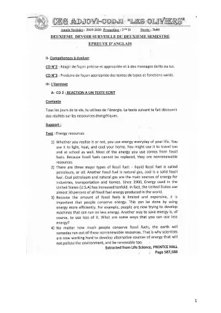 Première page de Anglais 2nde D — 2e devoir surveillé, 2e semestre (2019-2020) · CEG ADJOVICODJI 'LES OLIVIERS'