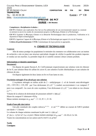 Première page de PCT 1ère C, 1ère D — Composition, 1er trimestre (2019-2020) · CPEG LICA