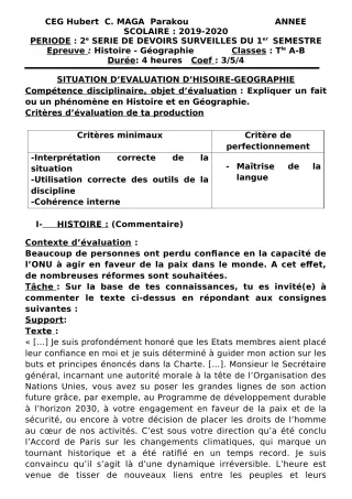 Première page de Histoire-Géographie 2nde A1, 2nde A2, 1ère A1, 1ère A2, 1ère B, Tle A1, Tle A2 — 2e devoir surveillé, 1er semestre (2019-2020) · CEG Hubert C. MAGA