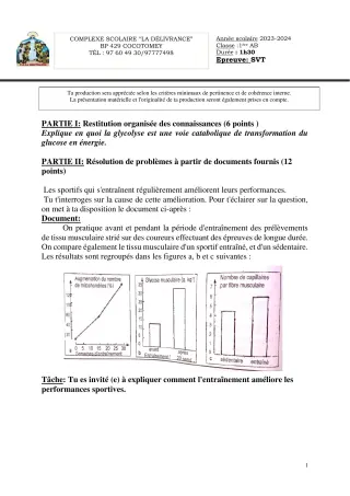 Première page de Devoir surveillé de SVT — 6e, 5e, 4e, 2nde A2, 2nde B, 2nde C, 2nde D, 1ère A2, 1ère B, 1ère C, 1ère D — CPEG La Délivrance (2023)