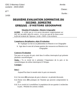 Première page de Histoire-Géographie 6e, 5e, 4e, 4e ML, 3e, 3e ML — 2e évaluation sommative, 2e semestre (2019-2020) · CEG3 ABOMEY CALAVI