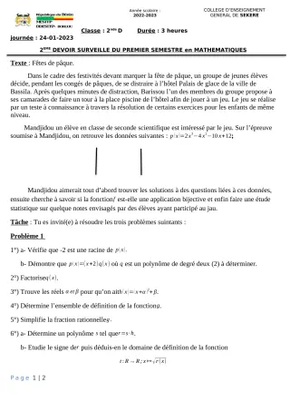 Première page de Mathématiques 2nde D — 2e devoir surveillé, 1er semestre (2022-2023) · CEG SEKERE