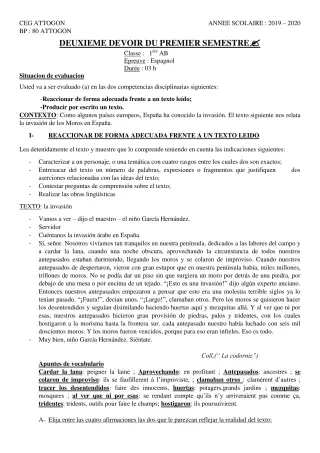 Première page de Espagnol 1ère A & B, 1ère A1, 1ère A2, 1ère B — 2e devoir surveillé, 1er semestre (2019-2020) · CEG Attogon