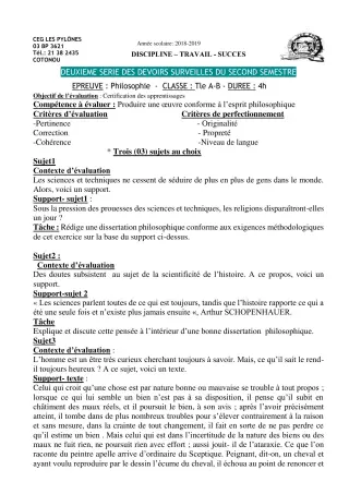 Première page de Philosophie 2nde A & B, 2nde C, 2nde D, 1ère A2, 1ère B, 1ère C, 1ère D, Tle A2, Tle B, Tle C, Tle D — 2e devoir surveillé, 2e semestre (2018-2019) · CEG Les Pylônes
