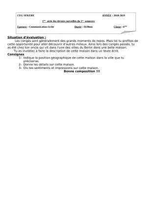Première page de Français 6e — 1er devoir surveillé, 1er semestre (2018-2019) · CEG SEKERE