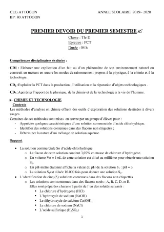 Première page de PCT Tle D — 1er devoir surveillé, 1er semestre (2019-2020) · CEG Attogon