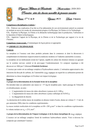 Première page de PCT 1ère C, 1ère D — 1er devoir surveillé, 1er semestre (2020-2021) · PMB