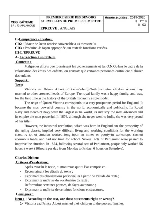 Première page de Anglais 1ère D — 1er devoir surveillé, 1er semestre (2019-2020) · CEG Kaïtèmè