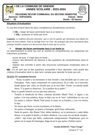 Première page de Espagnol 3e — 2e devoir surveillé, 2e semestre (2023-2024) · CEG SEKERE