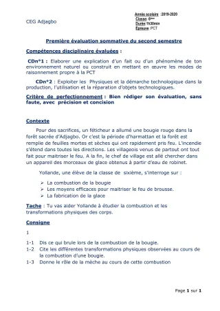 Première page de PCT 6e — 1re évaluation sommative, 2e semestre (2019-2020) · CEG ADJAGBO