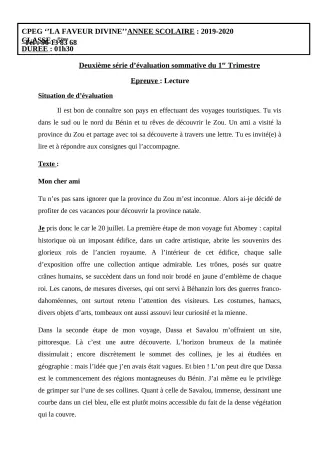 Première page de SVT 6e, 5e, 4e, 4e ML, 3e, 3e ML — Évaluation sommative, 1er trimestre (2019-2020) · CPEG Faveur Divine de Sékou
