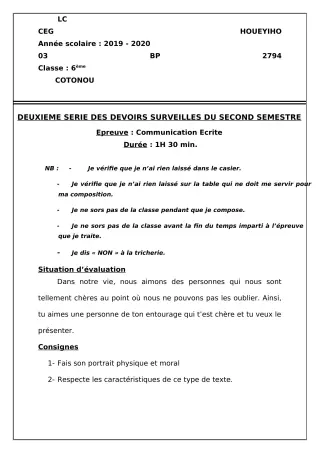 Première page de Français 6e — 2e devoir surveillé, 2e semestre (2019-2020) · CEG HOUEYIHO