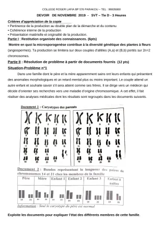 Première page de SVT Tle D — Devoir surveillé (2019-2020) · CPEG Roger LAFIA