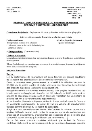 Première page de Histoire-Géographie Tle A1, Tle A2, Tle B — 1er devoir surveillé, 1er semestre (2020-2021) · CEG Le Littoral