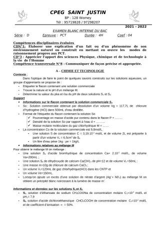 Première page de Examen Blanc de PCT — Tle D — CPEG SAINT Justin (2021)