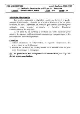 Première page de Français 3e, 3e ML — 1er devoir surveillé (2019-2020) · CEG MAREGOUROU