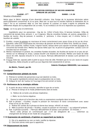Première page de Français 5e — 2e devoir surveillé, 2e semestre (2023-2024) · CEG SEKERE
