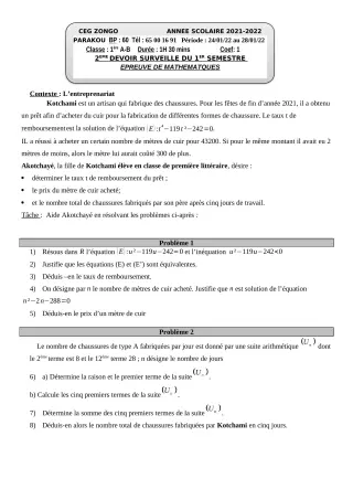 Première page de Mathématiques 1ère A1, 1ère A2, 1ère B — 1er devoir surveillé, 1er semestre (2021-2022) · CEG ZONGO