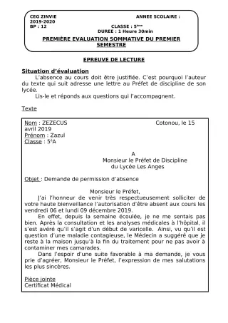 Première page de Français 6e, 5e, 4e, 4e ML, 3e, 3e ML, 2nde A, 2nde A2, 2nde B, 2nde C, 2nde D, 1ère A, 1ère C, 1ère D, Tle A1, Tle A2, Tle C, Tle D — 1re évaluation sommative, 1er semestre (2019-2020) · CEG Zinvié