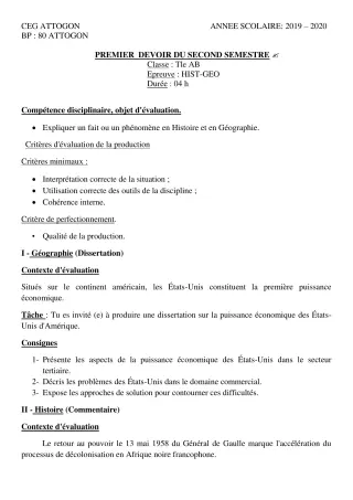 Première page de Histoire-Géographie Tle A & B, Tle A1, Tle A2, Tle B — 1er devoir surveillé, 2e semestre (2019-2020) · CEG Attogon