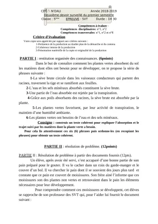 Première page de SVT 5e — 2e devoir surveillé, 1er semestre (2018-2019) · CEG 2 N'DALI