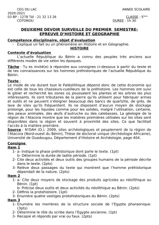 Première page de Histoire-Géographie 5e — 2e devoir surveillé, 1er semestre (2020-2021) · CEG du Lac