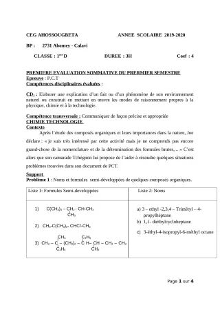 Première page de PCT 1ère D — 1re évaluation sommative (2019-2020) · CEG Ahossougbéta