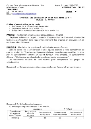 Première page de SVT 3e, 3e ML — Composition, 1er trimestre (2019-2020) · CPEG LICA