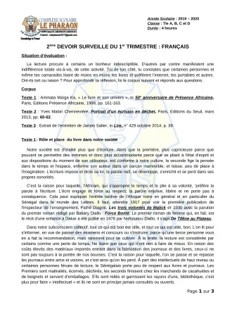 Première page de Français Tle A, Tle B, Tle C, Tle D — 2e devoir surveillé, 1er trimestre (2019-2020) · CPEG LE PHARAON