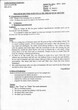 Première page de Anglais 4e, 4e ML — 1er devoir surveillé, 1er semestre (2019-2020) · CEG Ganvié